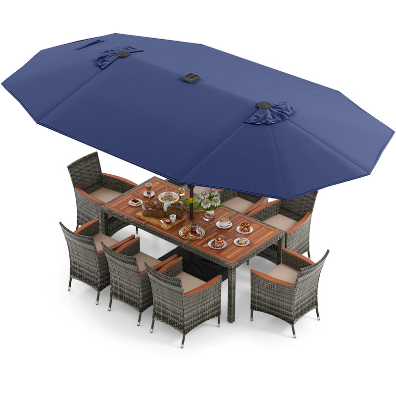 11 Pcs Patio Dining Table Chair Set With Umbrella And Base, Gray, Navy Blue