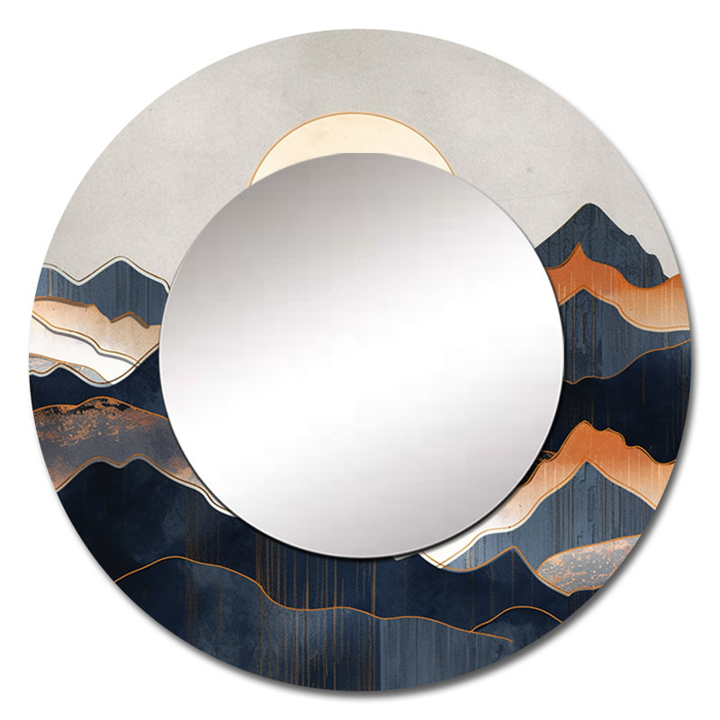 Miroir décoratif Daring Moutain Horizons II - Paysages, grand miroir mural rond bleu, impression d'art en métal