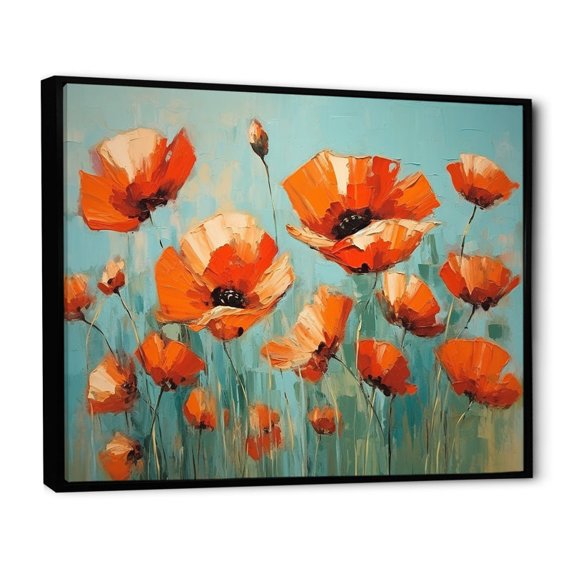 " Jade Joy Whispers Of Poppies ", 34" H x 44" W x 1.5" D, Black Floater Framed