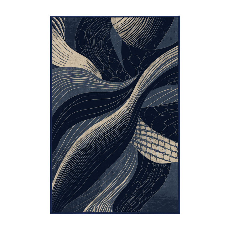 Tapis bleu moelleux et moelleux à motif abstrait éclectique Rosehill Lamia, 7 x 10