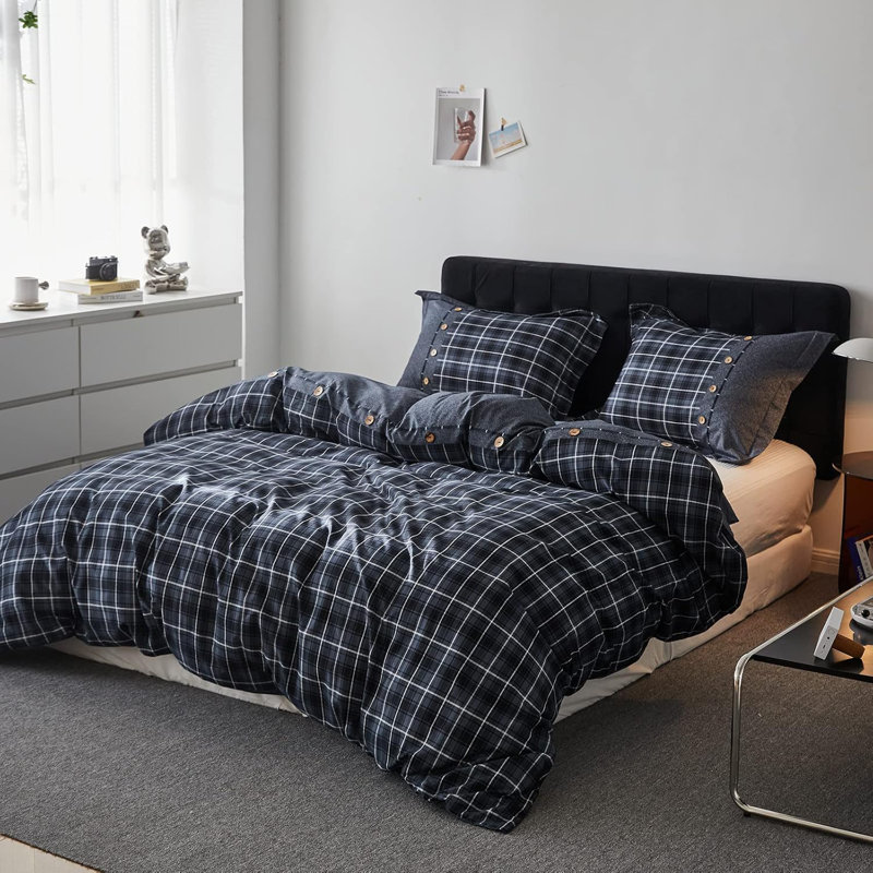 Ensemble de housse de couette 100% coton à carreaux Buffalo, Gris foncé, Édredon très grand + 2 taies décoratives très 
