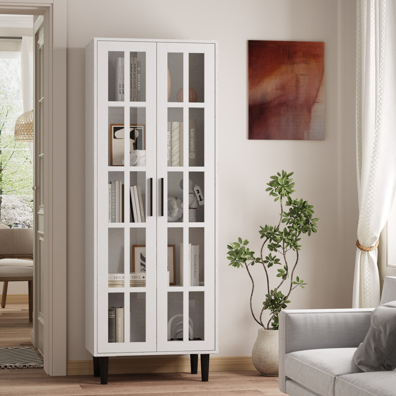 71'' H X 23.6'' W Kitchen Pantry With Bookcases, Glass Door Kitchen Storage Cabinet, White