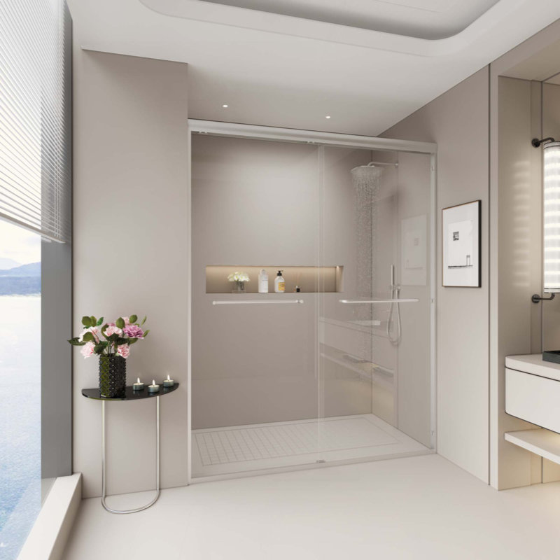 Double Sliding Shower Door, Semi-Frameless Bypass Bathroom Sliding Door With 1/4" (6Mm) Tempered Glass For Walk-In Shower
