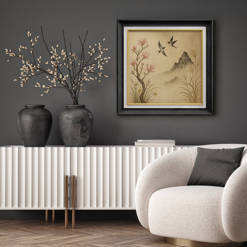 «Magnolia and Swallows with Mountain Reed», reproduction d'art sur papier encadrée, H 26 po x l 26 po x P 1,5 po