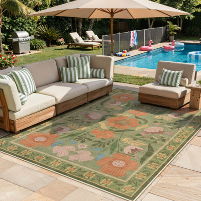 Washable American Countryside Floral  6X9 Green Outdoor Rug, Non Slip Quick-Dry Mesh Rug for Patio Deck Backyard