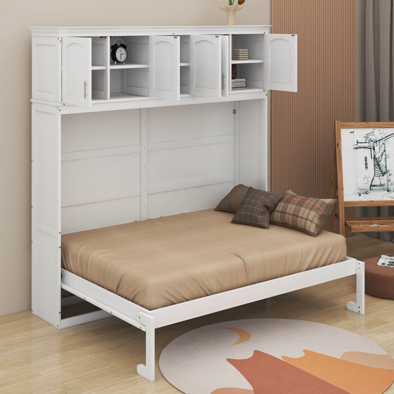 Full Size Murphy Bed With Top Cabinets, White