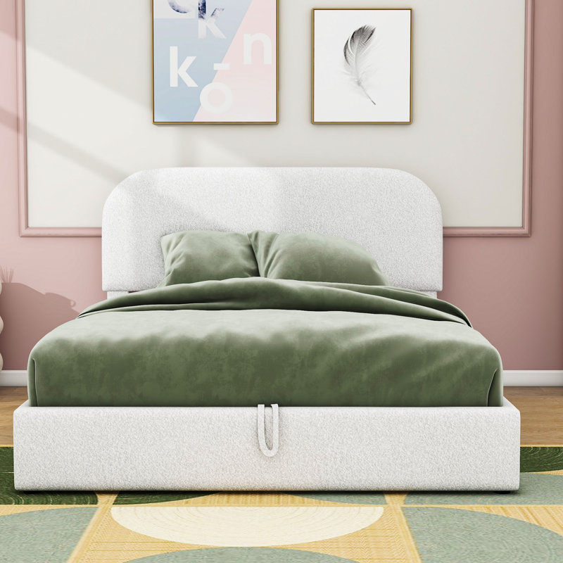 Upholstered Platform Bed with Hydraulic Storage, White, Full / Double