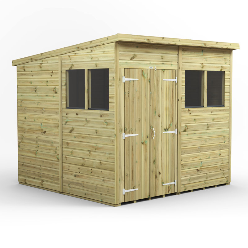 Powersheds 8 x 8ft Premium Pressure Treated Timber Pent Garden Shed, Double Doors