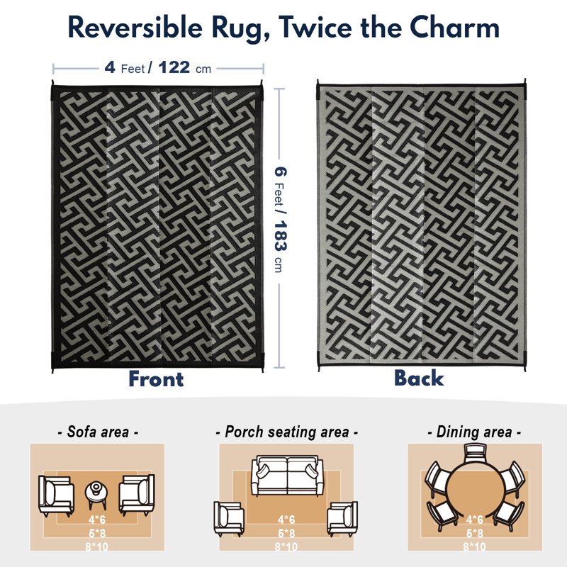 Beige/Black Outdoor/Indoor Area Rug, Rectangle 4' x 6'