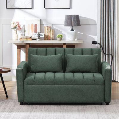 Canapé-lit convertible de 55,9 po avec trois ports USB, deux poches latérales, deux porte-gobelets et un support de téléphone pivotant à 360 ° pour le salon, vert