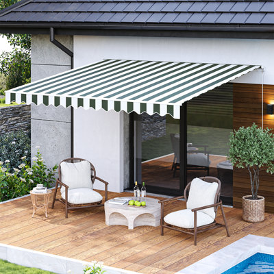 13x10FT Manual Retractable Awning, Full Opening Hand Crank Patio Canopy, Green & White Striped