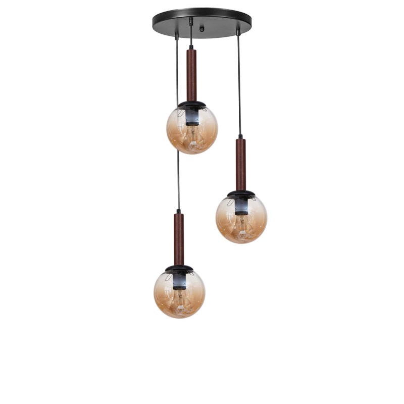 Lustre réglable élégant, structure en métal avec capuchon en verre, 11,8 po x 11,8 po | Miel, noyer et finition noire | 3 x douilles E27 (40 W maximum) |  pour l'éclairage de la salle à manger, du salon et du vestibule, indice de protection IP20
