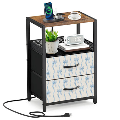 Table de chevet 2 tiroirs en tissu avec station de charge Coquette fleurs