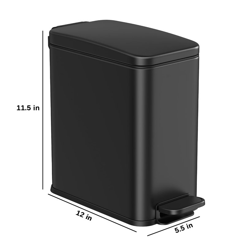 Slim Black Stainless Steel Rectangular Trash Can with Pedal