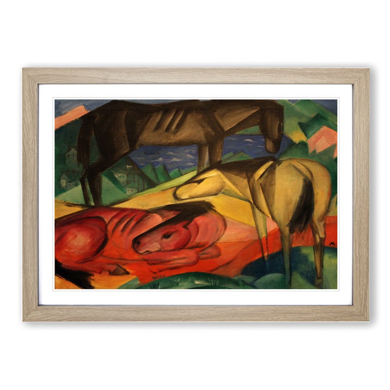 Three Horses by Franz Marc - Picture Frame Painting, 27cm H x 36cm W x 2cm D, Oak