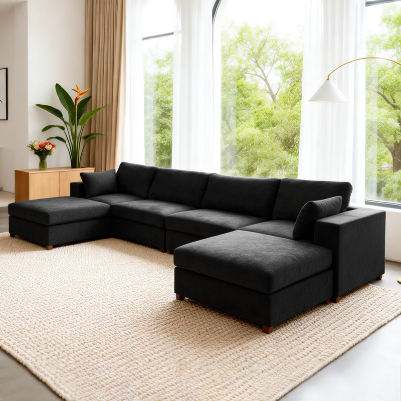 Canapé d'angle rembourré avec 2 repose-pieds, Lin noir, H 26 po x l 151,1 po x P 37,8 po
