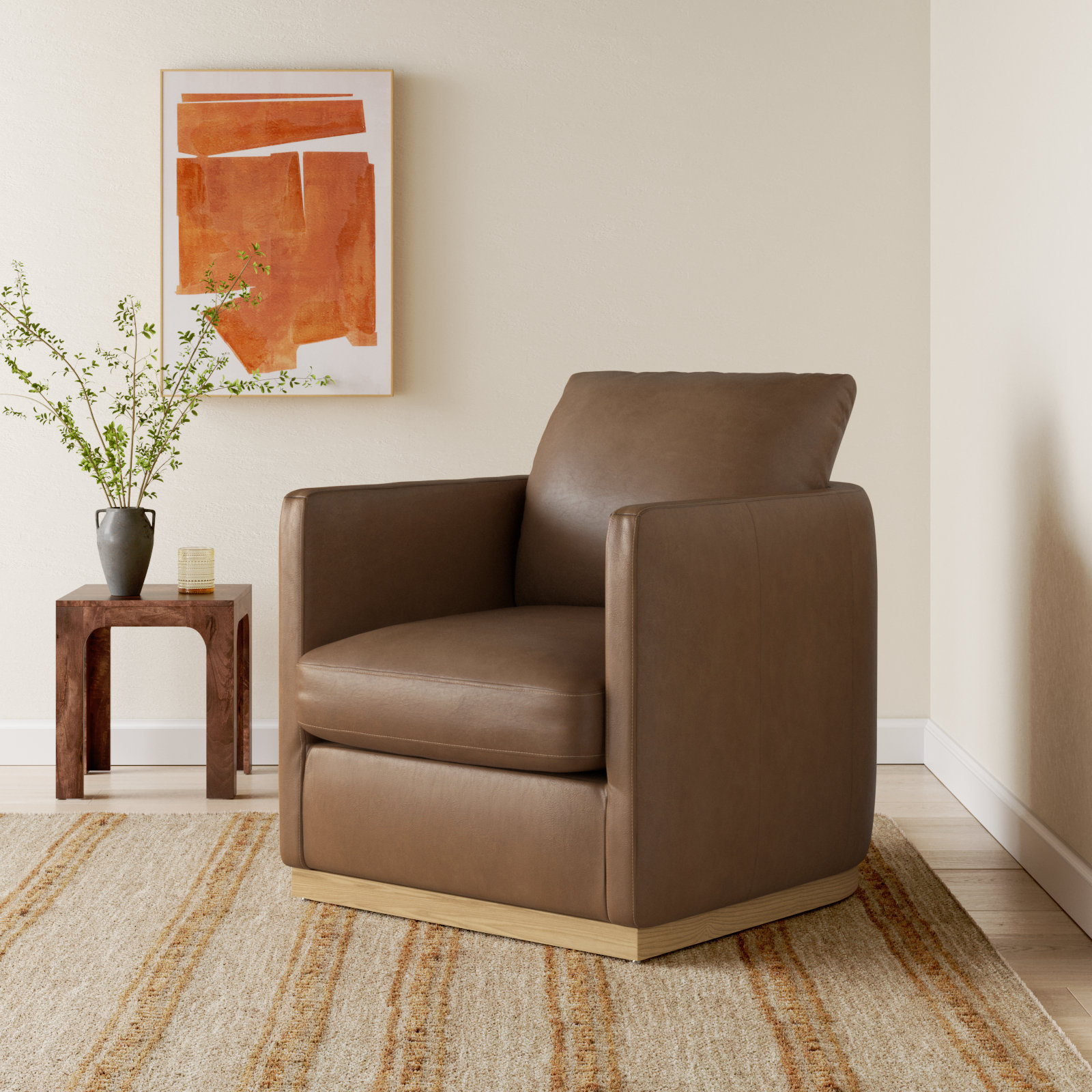 Bobbi Genuine Leather Swivel Armchair, Marseille Camel Top Grain Leather