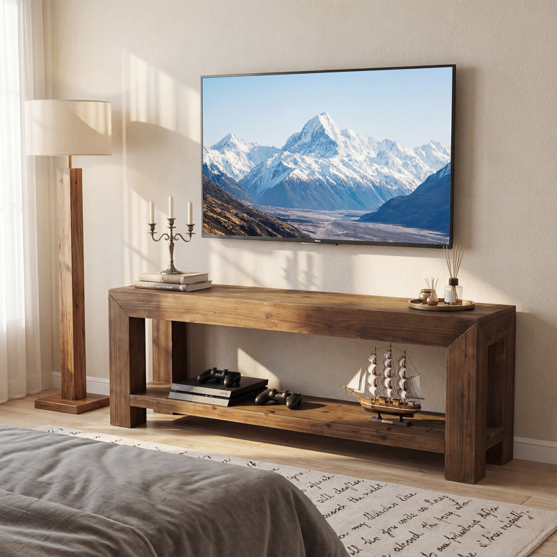 63" Solid Wood TV Stand for TVs up to 75", Entertainment Center with Storage Shelves