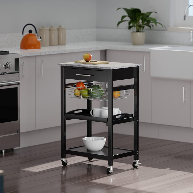 Utility Cart With Granite Top, Foldable Metal Basket, And Removable Tray For Versatile Storage