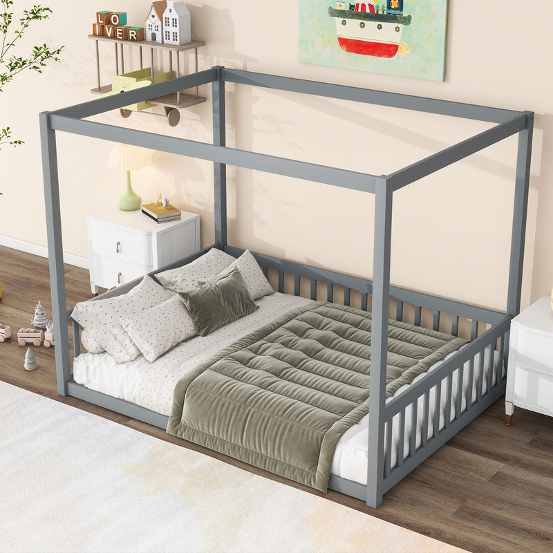 Full Size Canopy Frame Wood Floor Bed with Guardrails and Fence