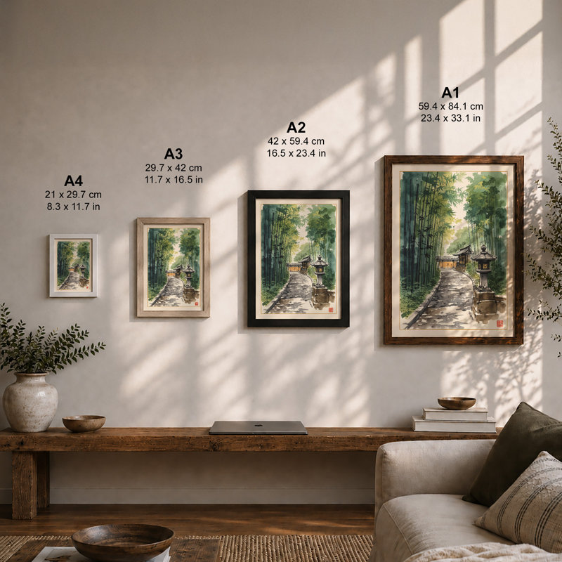 Path Through Bamboo Japandi - Framed Print, A3 - 42.0 x 29.7 cm, Black
