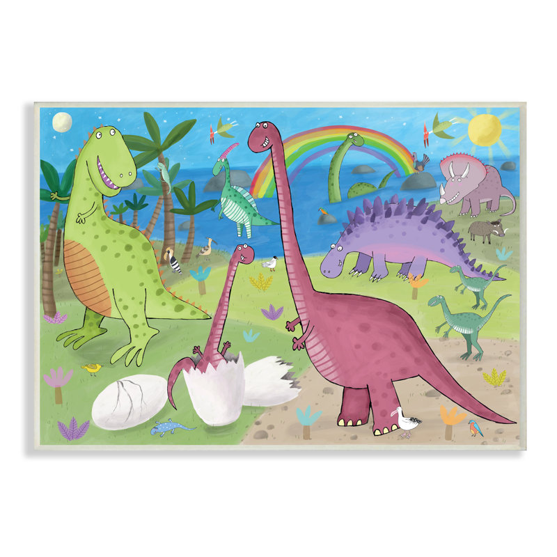 Illustration de dinosaures heureux jouant par arc-en-ciel, Bois naturel, H 10 po x l 15 po x P 0,5 po
