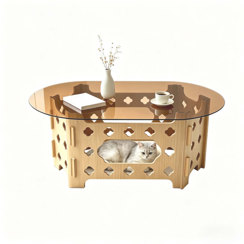 Table basse 38,6 po ovale avec plateau en verre trempé caramel et base en bois sculpté creux, idéale pour les salons et les petits espaces, facile à assembler
