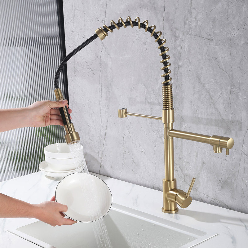 24.8" Modern 2-Function Single Handle Pull Down Kitchen Faucet With Pot Filler, Brushed Gold