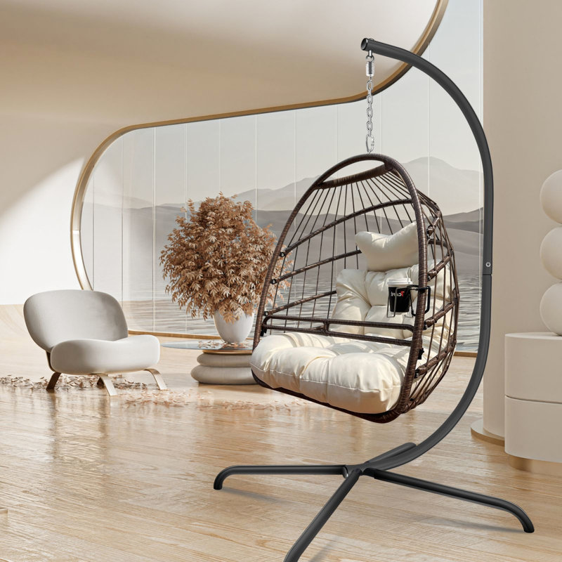 Chaise de patio avec support - œuf pivotant - coussin et coussin, sangle de suspension portable pliable et sécuritaire