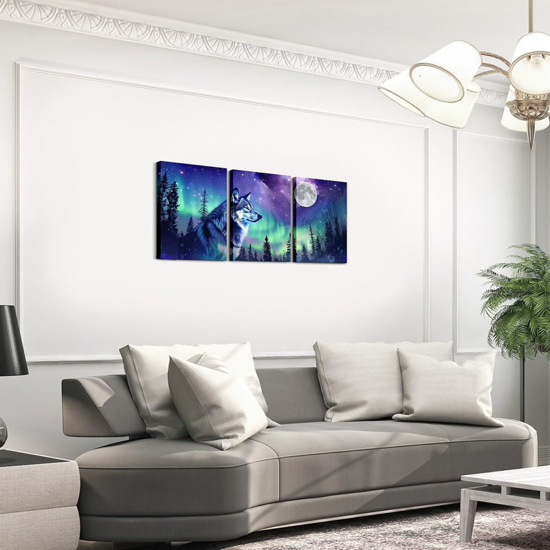 Wolf Canvas Art Prints,Starry Sky Framed Wall Art Aesthetic Woodland Animals Wall Art for Living Room,Blue Purple Green Polar Lights Canvas Artwork Paintings 3 Piece Pictures Wall Decor