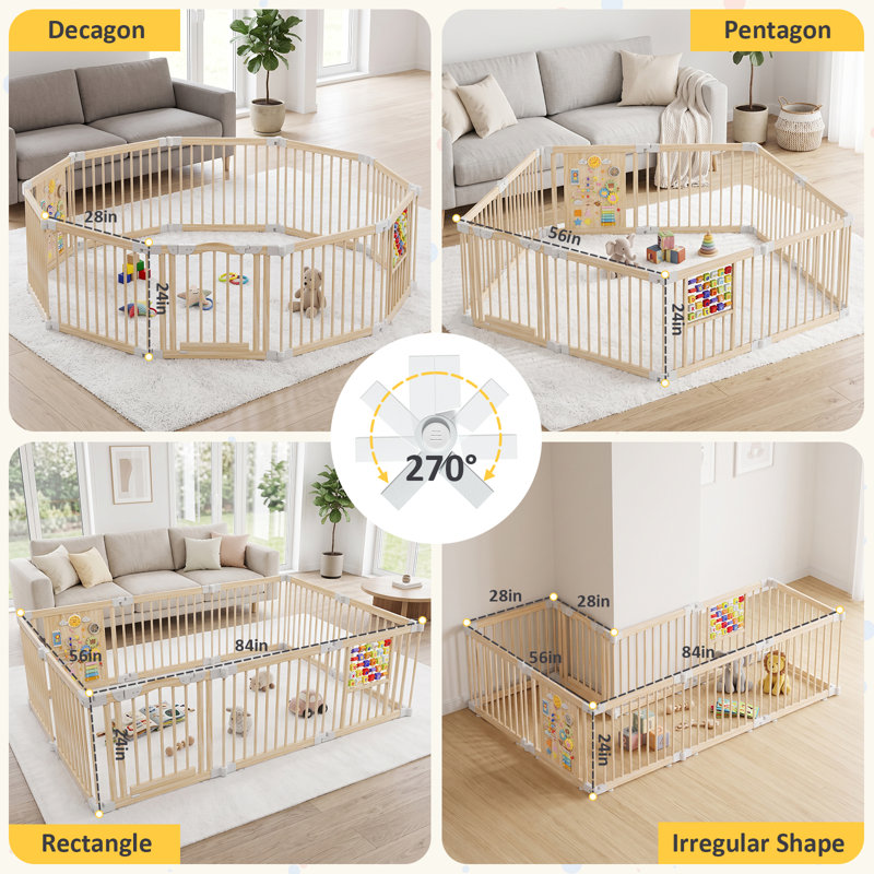 Parc pour bébé en bois Suteck, parc pliable à 8 panneaux, barrière de jeu ajustable pour bébé, P 56 po x l 56 po x H 24 po