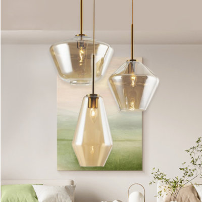 Luminaire suspendu en verre 3 lumières champagne doré - cordon réglable, luxueux plafonnier (sans ampoule)