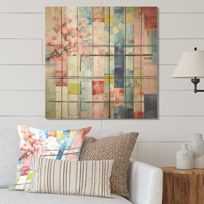 Art floral cubique abstrait bleu et rose - Floral abstrait sur bois
