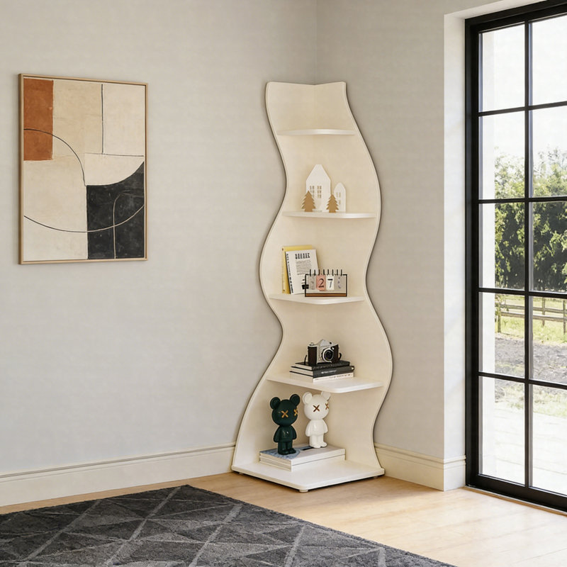 69.8"Height 5-Tier Wavy Corner Bookshelf And Plant Stand For Living Room Small Space, White