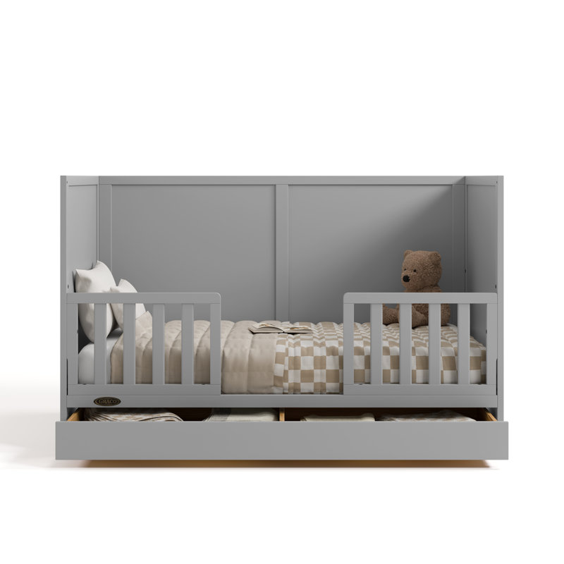 Lit de bébé convertible 3 en 1 avec tiroir Theo, Galet, Lit à barreaux