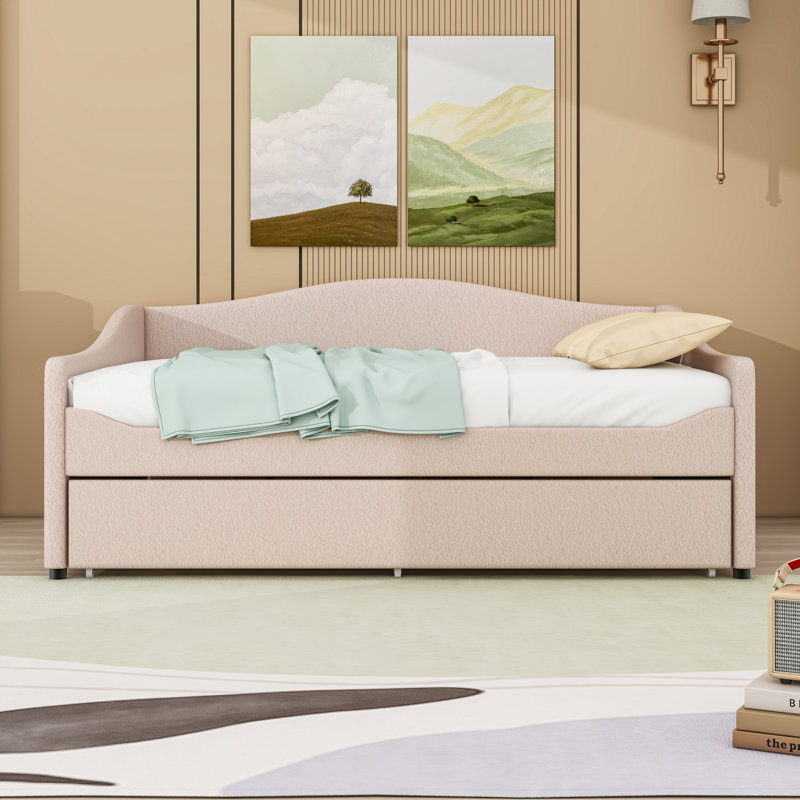 Lit de jour rembourré avec lit gigogne simple et DEL, Beige, Complet/Double