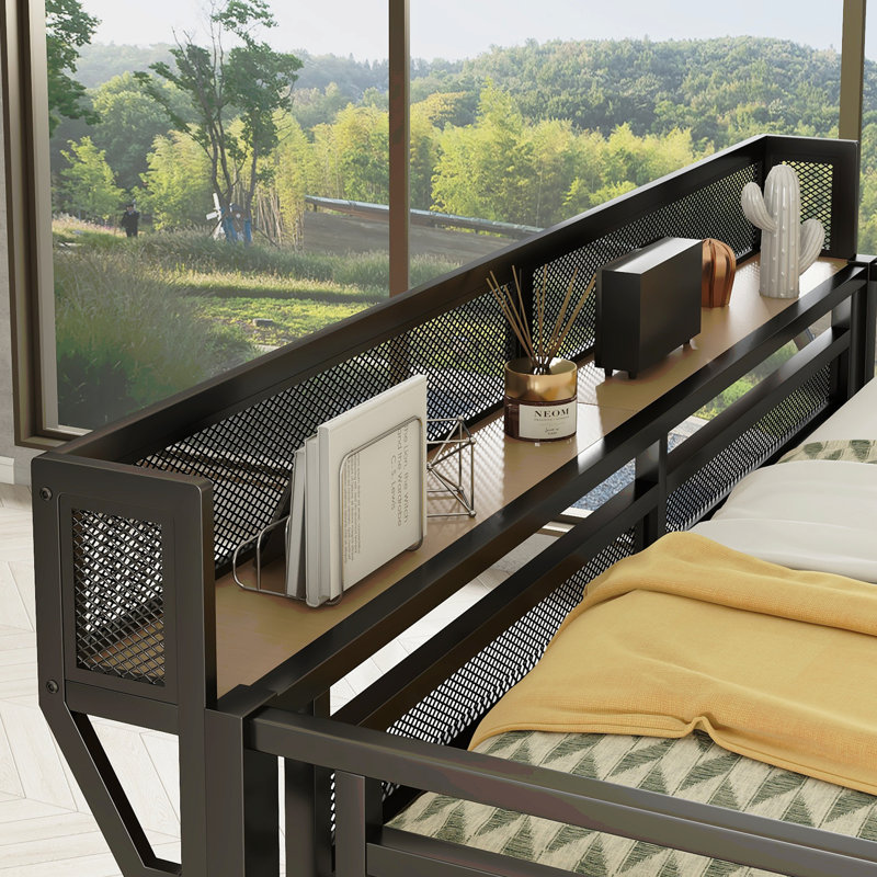 Grand lit mezzanine avec bureau et station de charge, grand lit mezzanine en métal avec escalier et lumière pour enfants adolescents