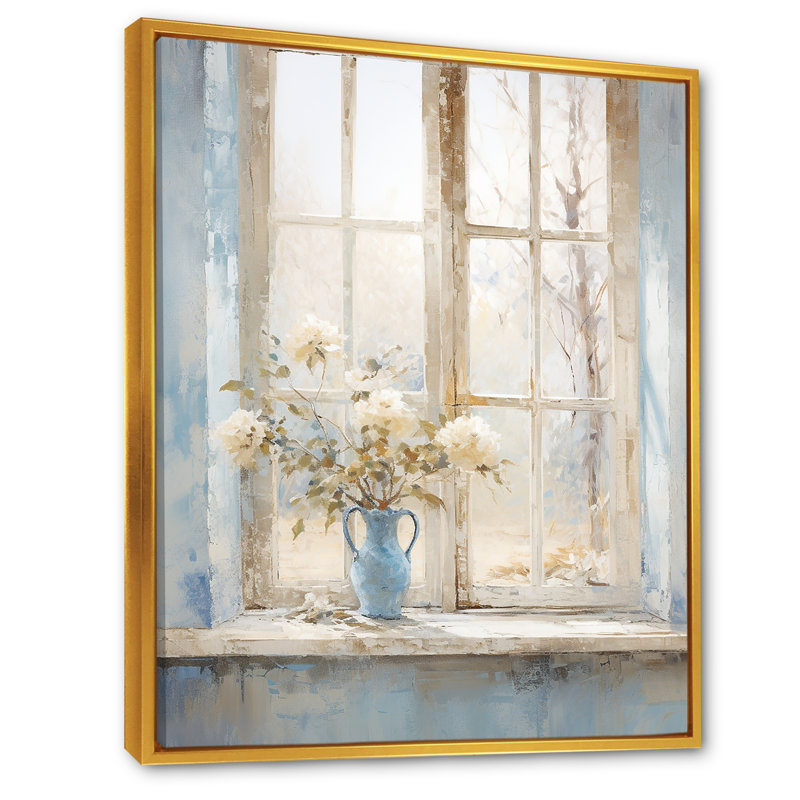 Blanc et bleu, minimalisme floral, fenêtres I, Cadre flottant doré, H 32 po x l 24 po x P 1 po
