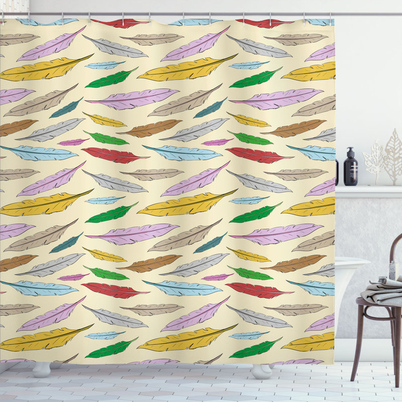 East Urban Home Retro Shower Curtain Bohemian Feathers Pattern Eggshell and Multicolor, 84" H x 69" W