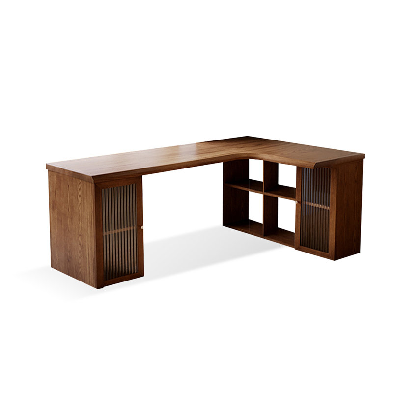 Nut-brown L-Shaped Solid Wood  desk, Right Hand Return, 29.53" H x 70.87" W x 39.37" D