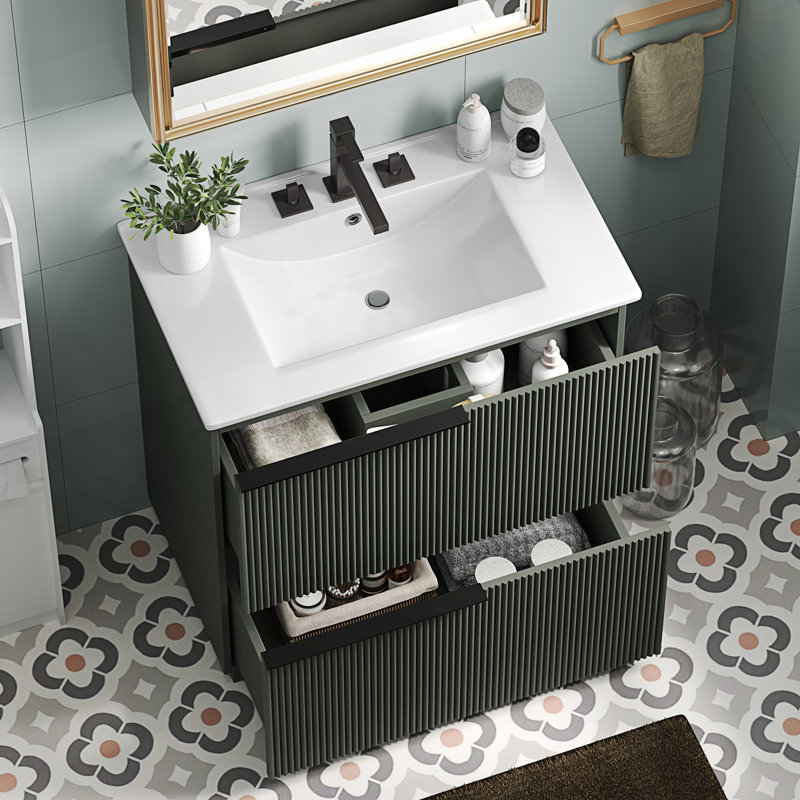 Meuble-lavabo à conception cannelée avec lavabo en céramique et tiroirs pleine extension, Vert