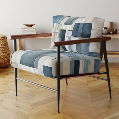 Blue Grey Line Art Abstract Geometrics I - Chaise rembourrée avec accoudoirs minimaliste, chaise d'appoint bleue