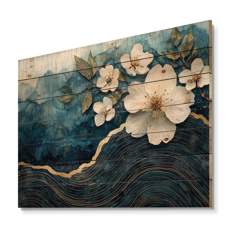 Pommier en fleur dans une rivière à encre dorée et bleue I - Art mural en bois de fleur de pommier - sur bois de pin naturel