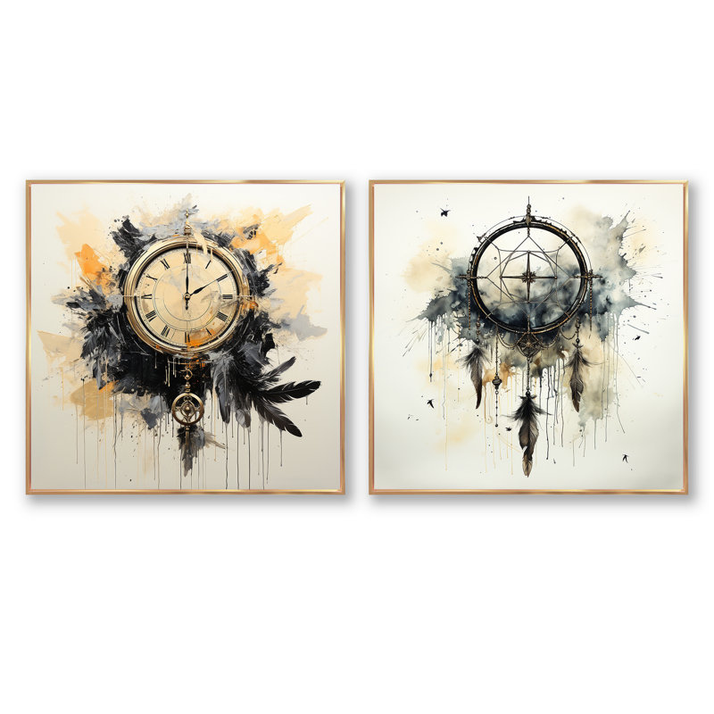 Beige et gris Dreams Keepers - Ensemble de 2 colliers carrés Dream Catcher, Cadre flottant doré, H 16 po x l 33 po