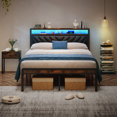 Full Metal Platform Bed with Adjustable Upholstered Headboard, Charging Station & LED Lights — Noise-Free, Black/Brown