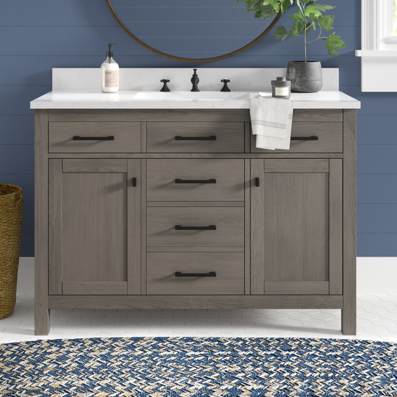 Meuble-lavabo simple 48 po Ajiya, Gris texturé / noir mat, Blanc de Carrare