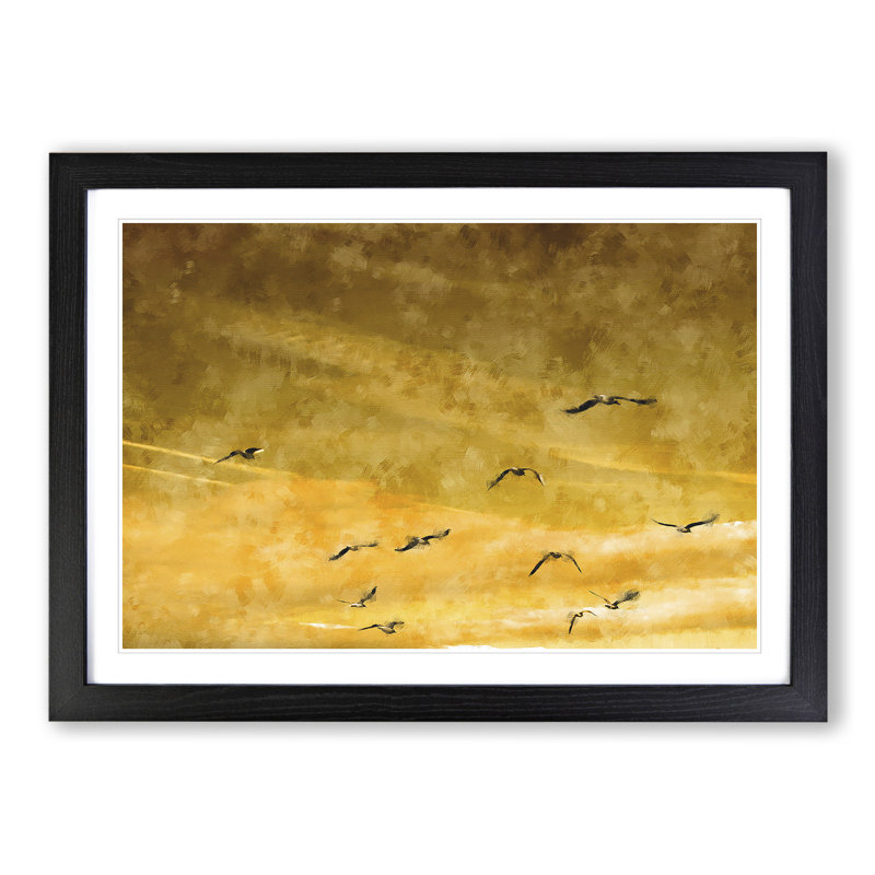 Flying Seagulls at Sunset - Framed Print, 36cm H x 48cm W x 2cm D, Black Framed