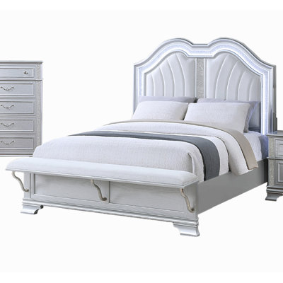 Contemporary Elegant Bed W Built-In Footboard Bench Upholstered Hb Usb Bed Silver Finish