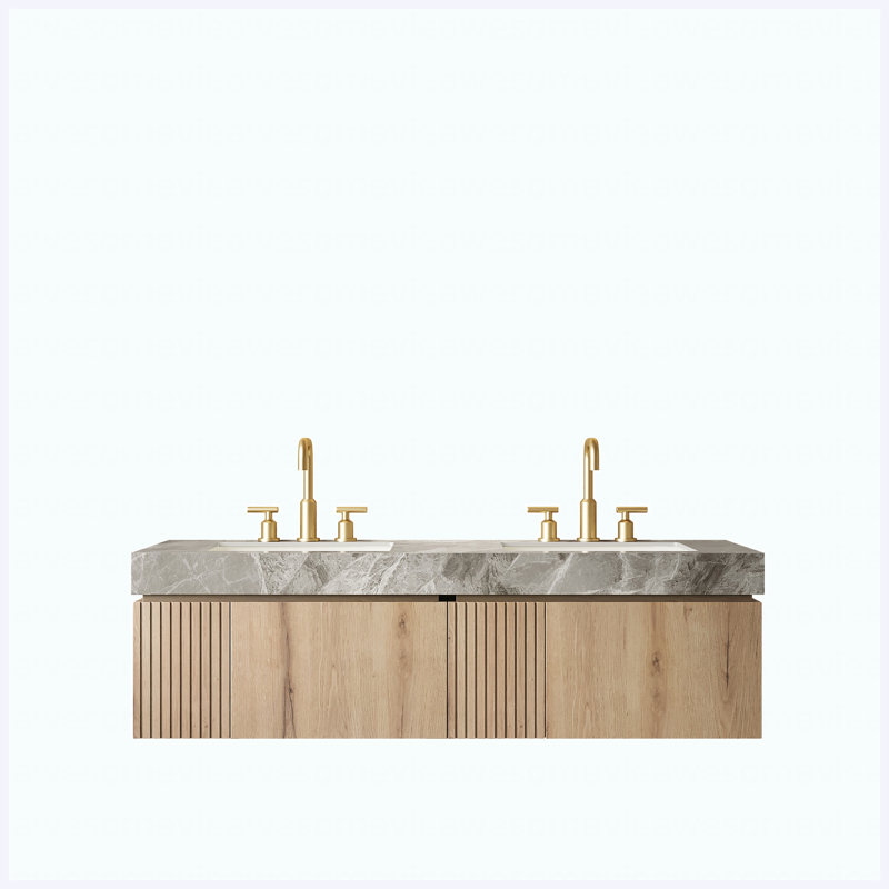 Meuble-lavabo flottant 60 po à double cuve 60 po, armoire en contreplaqué avec 2 tiroirs et portes, plateau en pierre frittée gris clair et 2 lavabos en céramique, grain de bois de chêne blanc, pré-assemblé