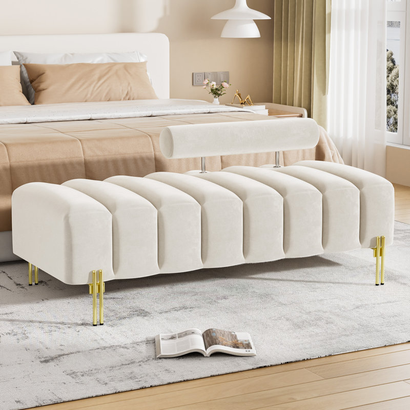  Banc de lit 52 po en velours capitonné avec pieds en métal doré, Beige